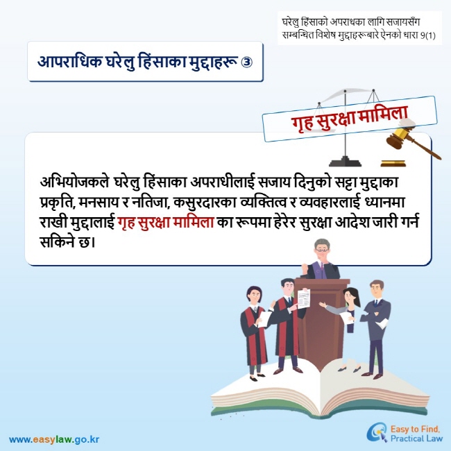 घरेलु हिंसाको अपराधका लागि सजायसँग सम्बन्धित विशेष मुद्दाहरूबारे ऐनको धारा 9(1) आपराधिक घरेलु हिंसाका मुद्दाहरू ③ गृह सुरक्षा मामिला अभियोजकले घरेलु हिंसाका अपराधीलाई सजाय दिनुको सट्टा मुद्दाका प्रकृति, मनसाय र नतिजा, कसुरदारका व्यक्तित्व र व्यवहारलाई ध्यानमा राखी मुद्दालाई गृह सुरक्षा मामिला का रूपमा हेरेर सुरक्षा आदेश जारी गर्न सकिने छ।